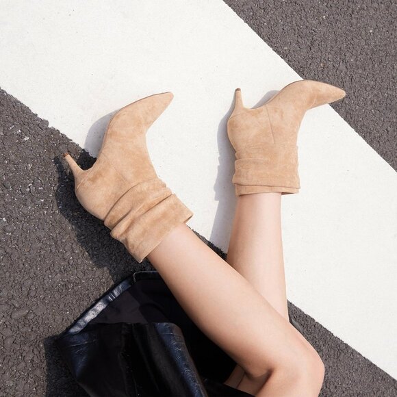 Women Slouch Ankle Boots with Fashion Mid Stiletto Heels Pointed Toe Bootie Tan - Picture 2 of 8